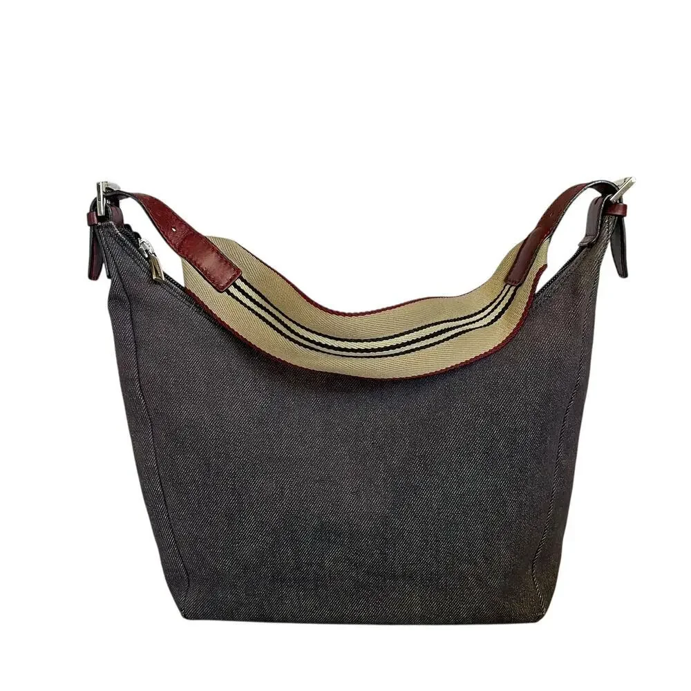 Burberry Vintage Y2K Denim Blue Icon Stripe Leather Strap Hobo Shoulder Bag